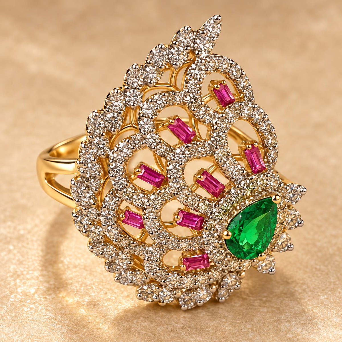 Teardrop Emerald Ruby Accent Diamond Ring