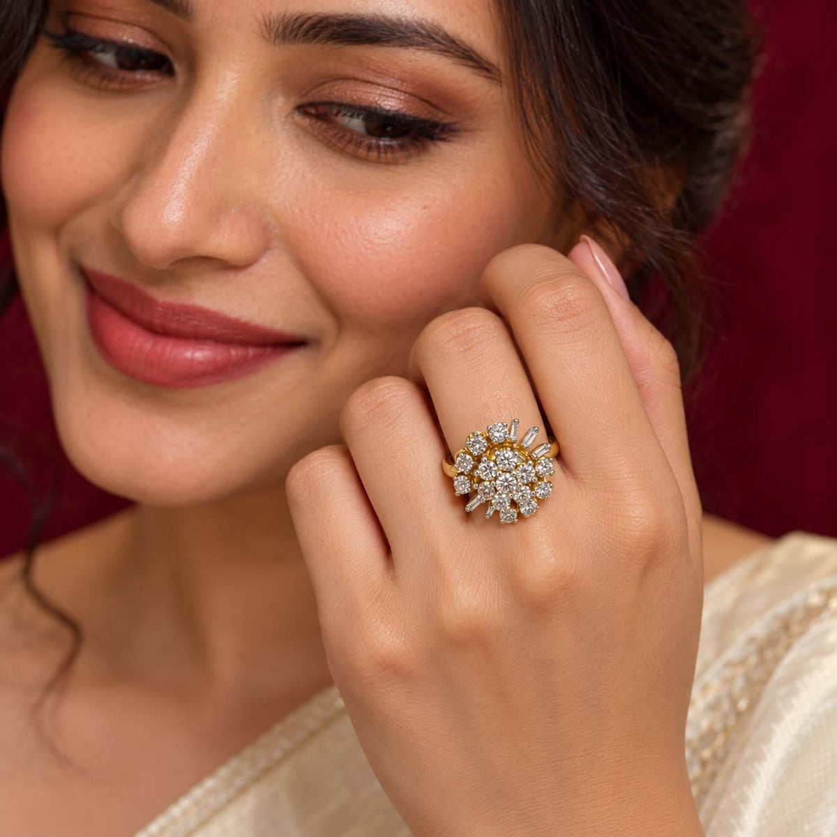 18K Gold Asymmetric Floral Diamond Cluster Ring