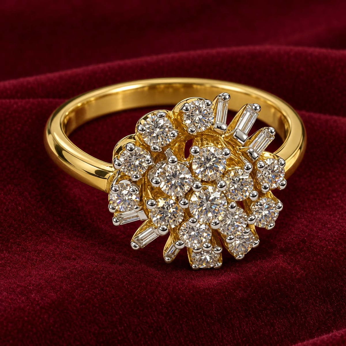 18K Gold Asymmetric Floral Diamond Cluster Ring
