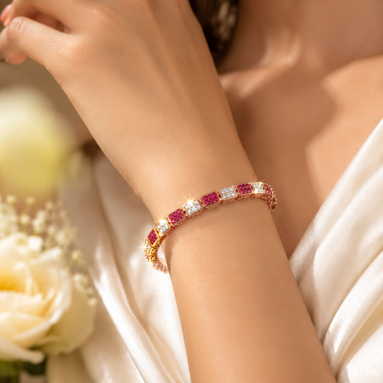Princess Cut Diamond & Ruby Bracelet | IGI Certified | Savya Jewels