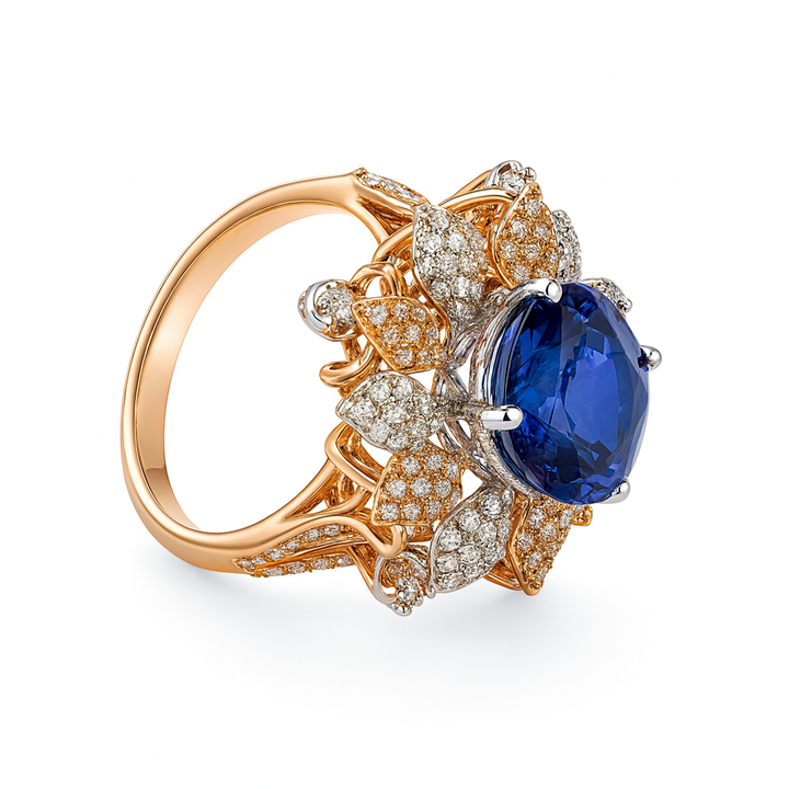 Royal Blue Sapphire Floral Diamond Ring in Rose Gold