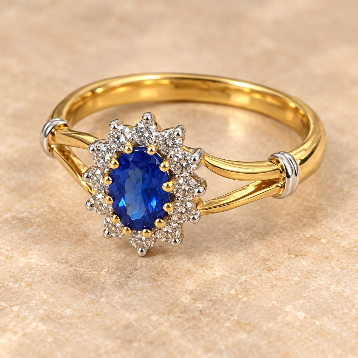 18K Gold Oval Blue Sapphire Diamond Halo Ring