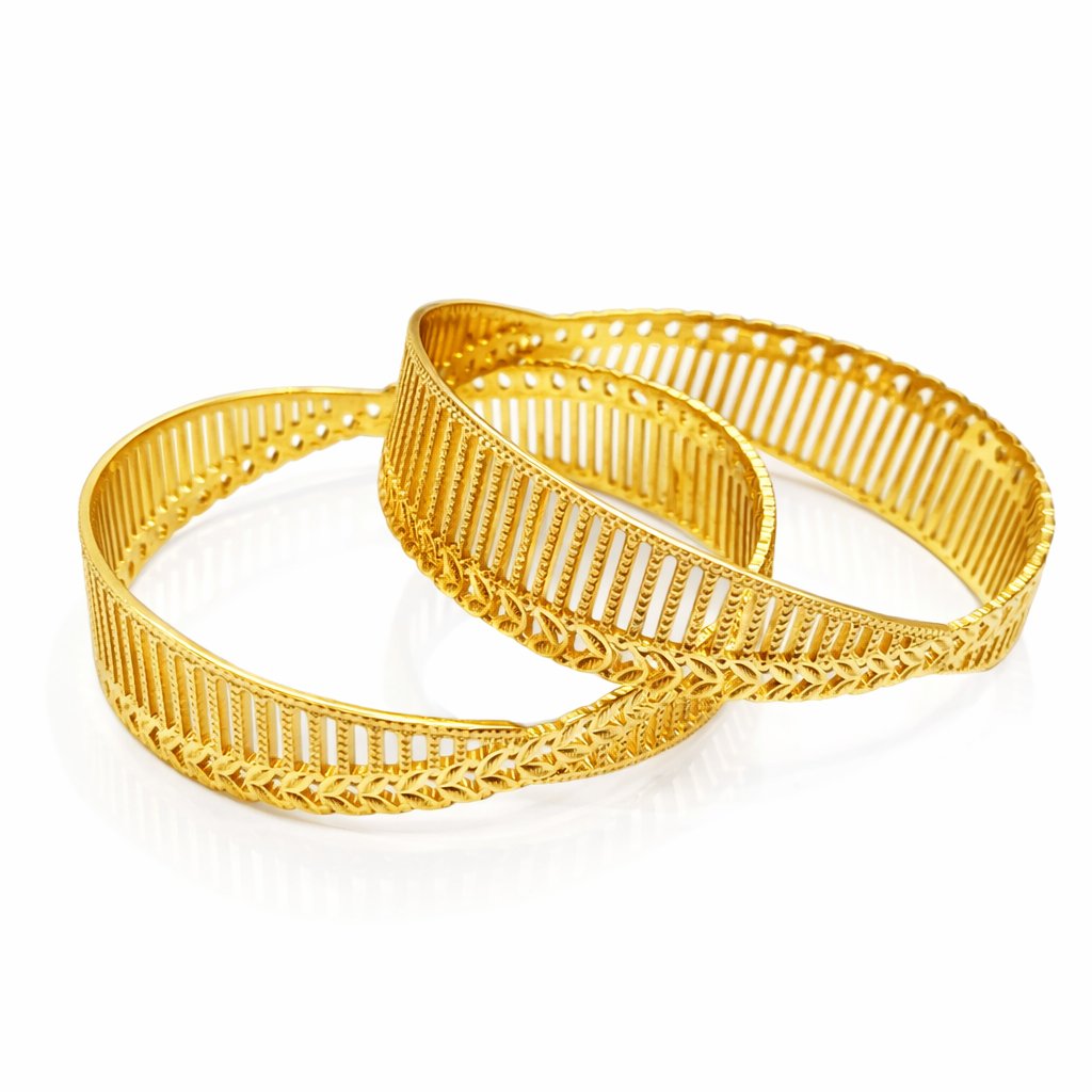 22Kt Wide Gold Bangles | Vertical Bar & Chevron Leaf Design | Set of 2
