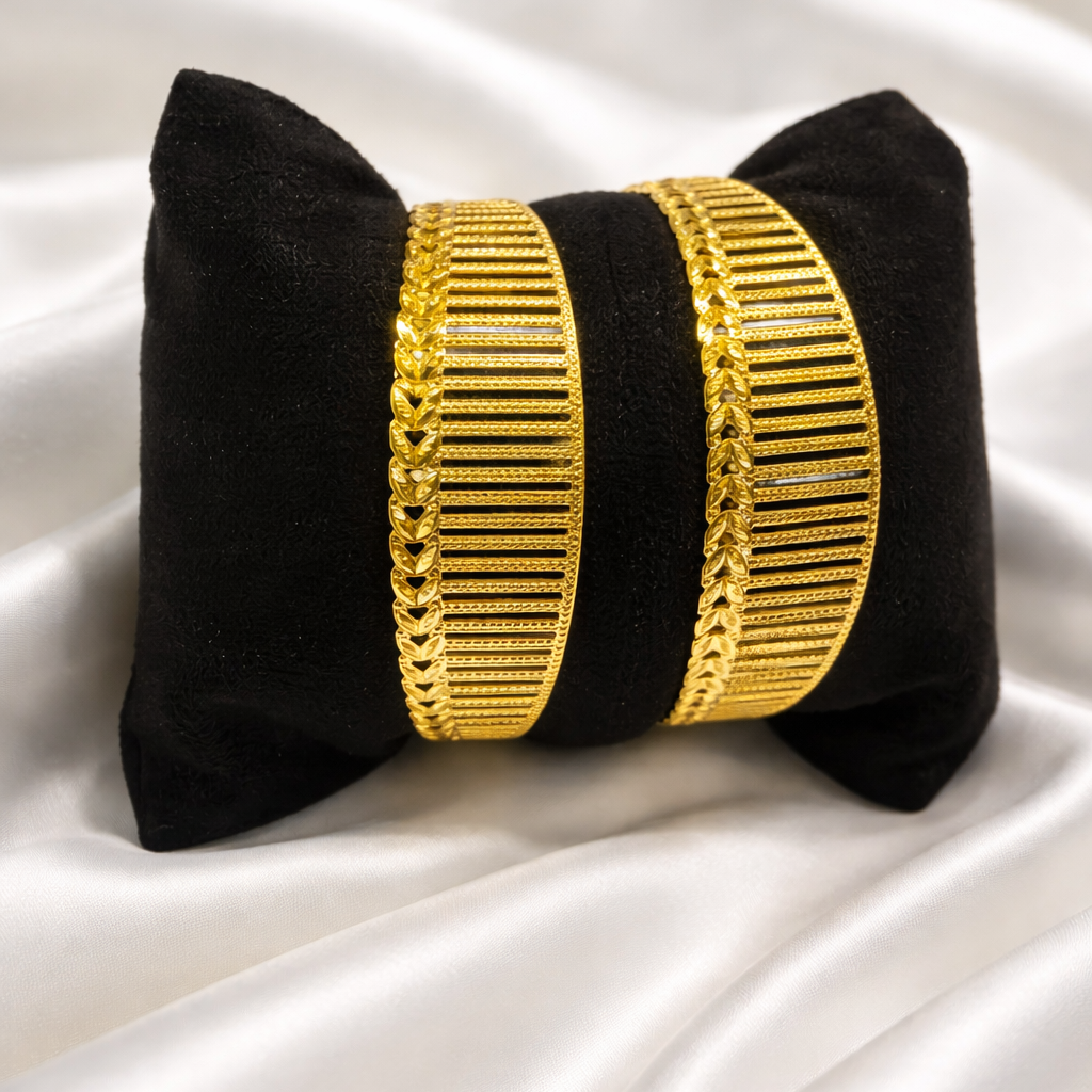 22Kt Wide Gold Bangles | Vertical Bar & Chevron Leaf Design | Set of 2