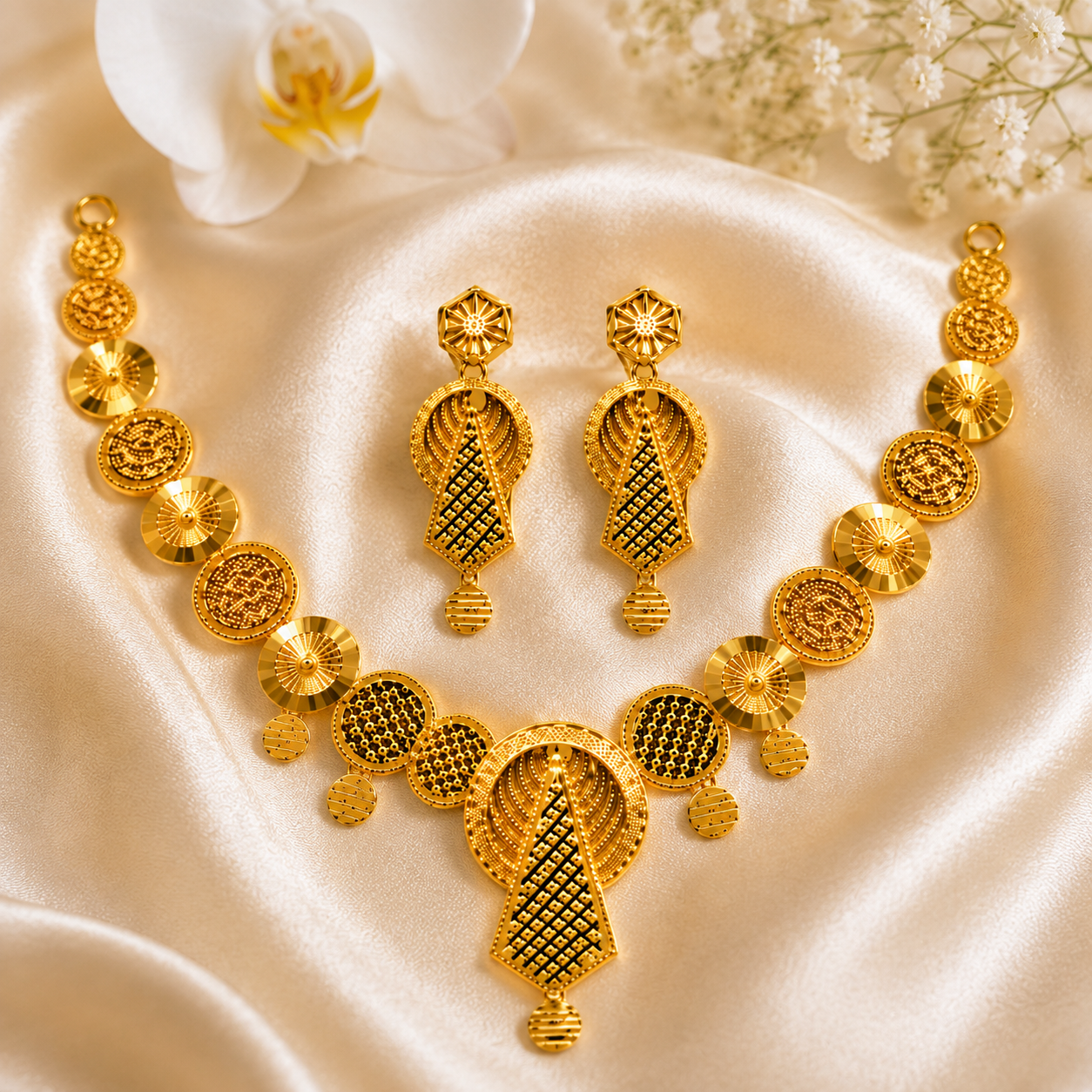 Classic Floral Gold Necklace & Earrings Set