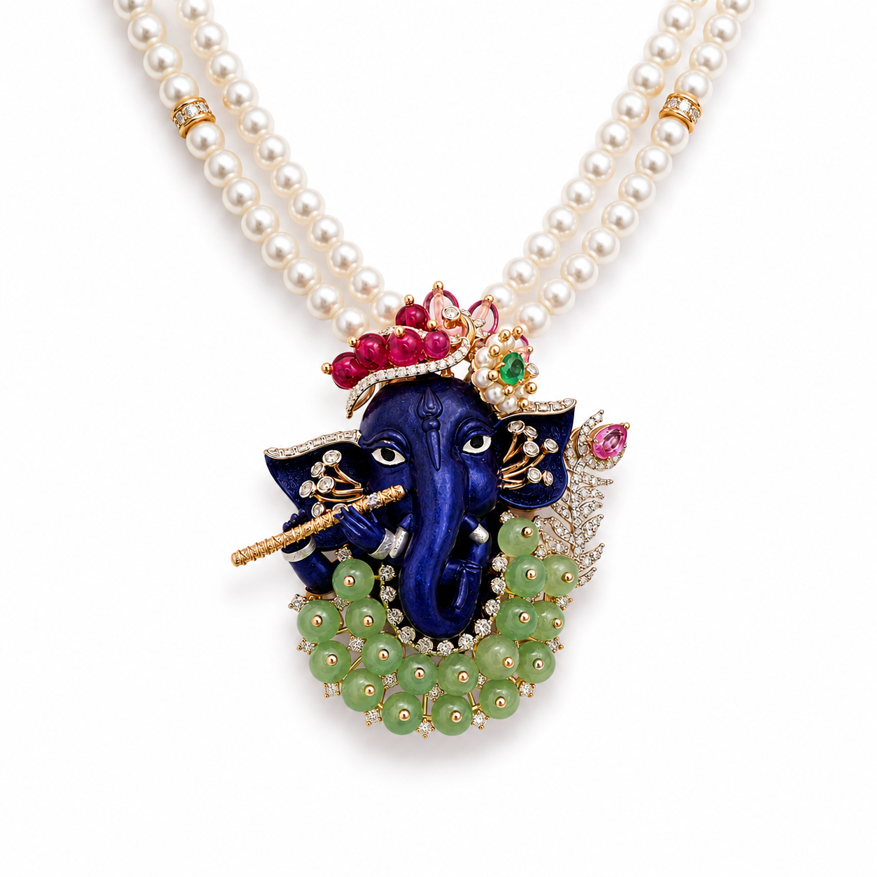 Blue Ganesha Diamond Pendant with Pearl Mala in 14K Rose Gold | Savya Jewels