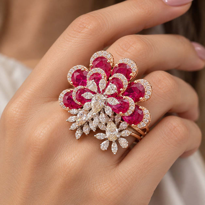 Rose Gold Purple Gemstone and Diamond Cluster Cocktail Ring | Savya Jewels