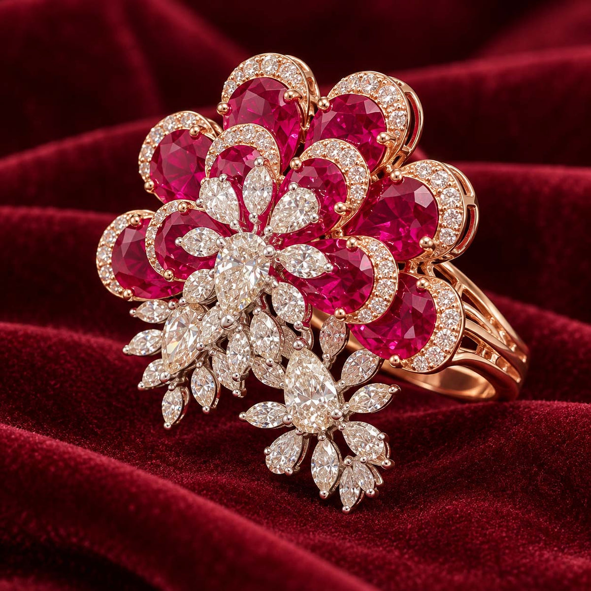 Rose Gold Purple Gemstone and Diamond Cluster Cocktail Ring | Savya Jewels