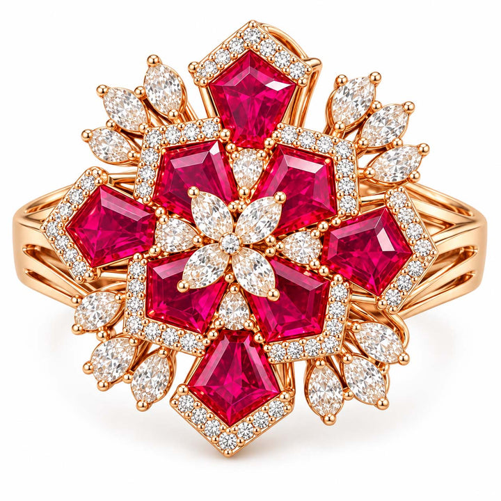 Rose Gold Red Gemstone and Diamond Floral Cocktail Ring | Savya Jewels
