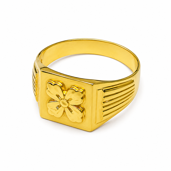 Gents Four Petal Flower Signet Gold Ring in Yellow Gold 22KT | Savya Jewels