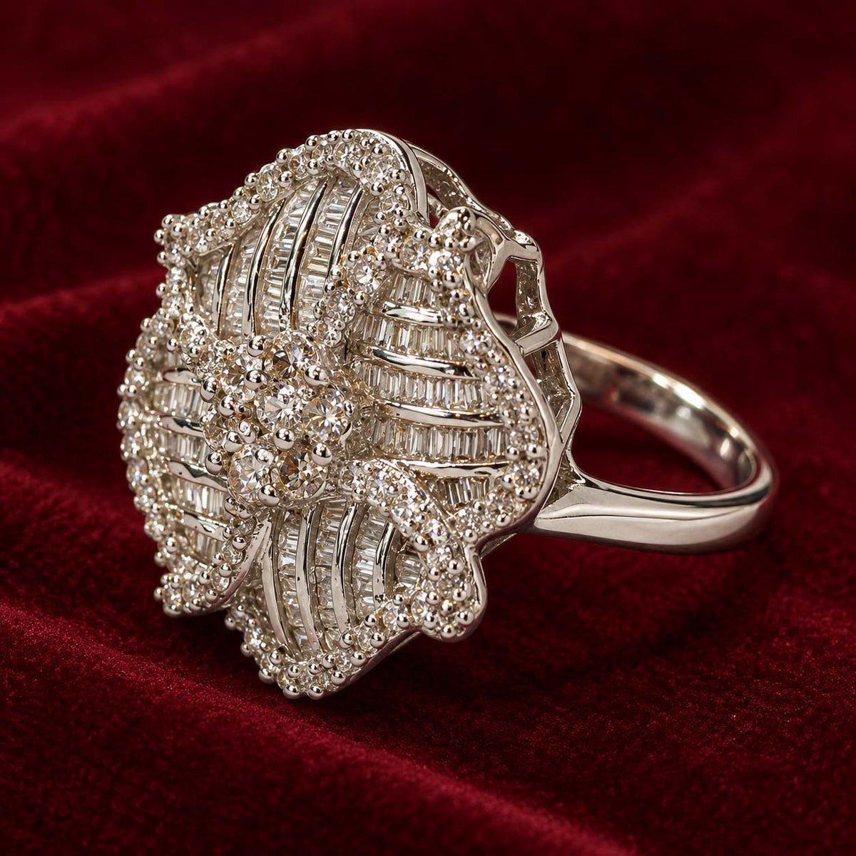 14K Gold Floral Diamond Cluster Statement Ring