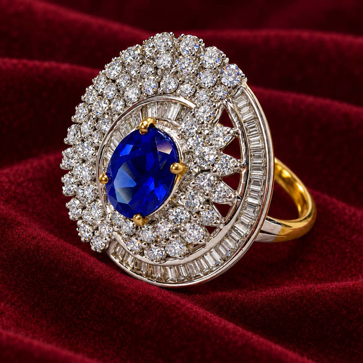 14K Gold Blue Sapphire and Diamond Floral Ring