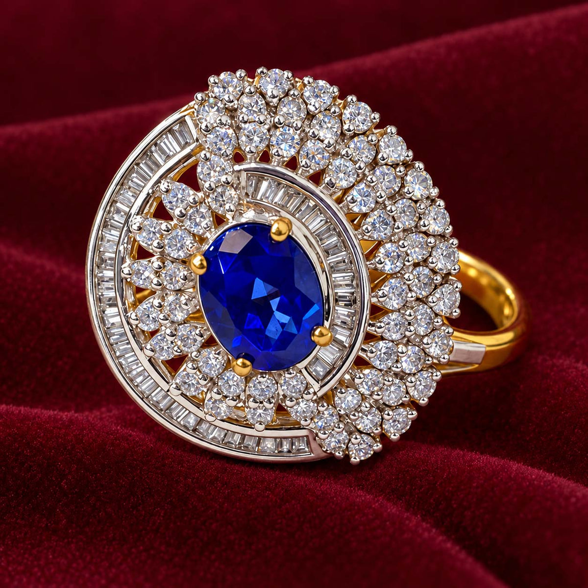 14K Gold Blue Sapphire and Diamond Floral Ring