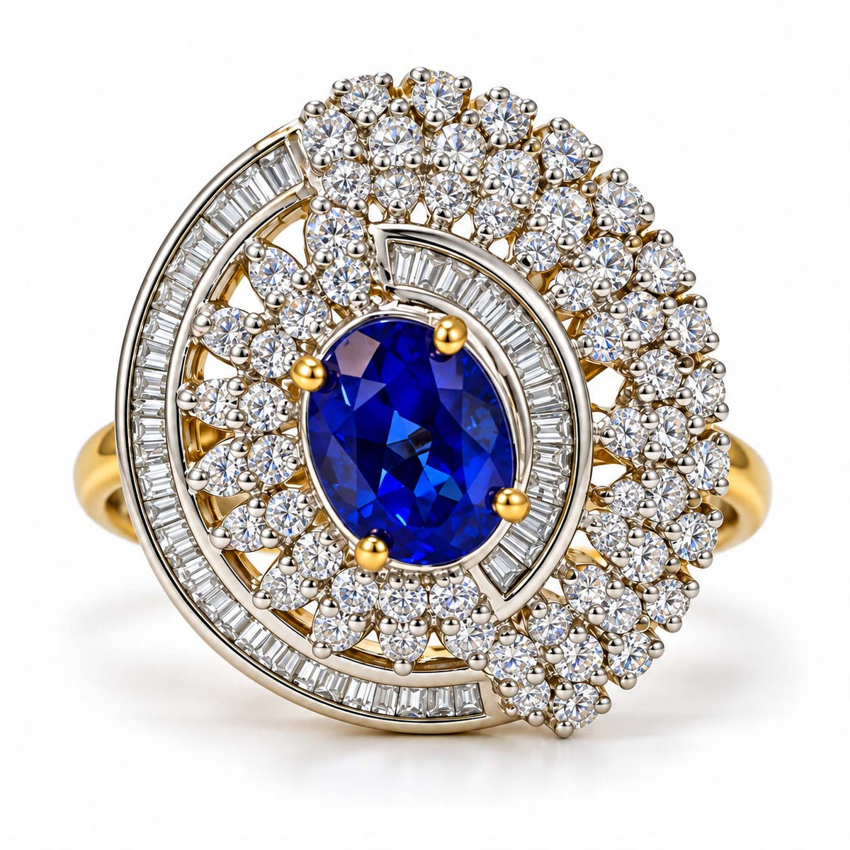 14K Gold Blue Sapphire and Diamond Floral Ring