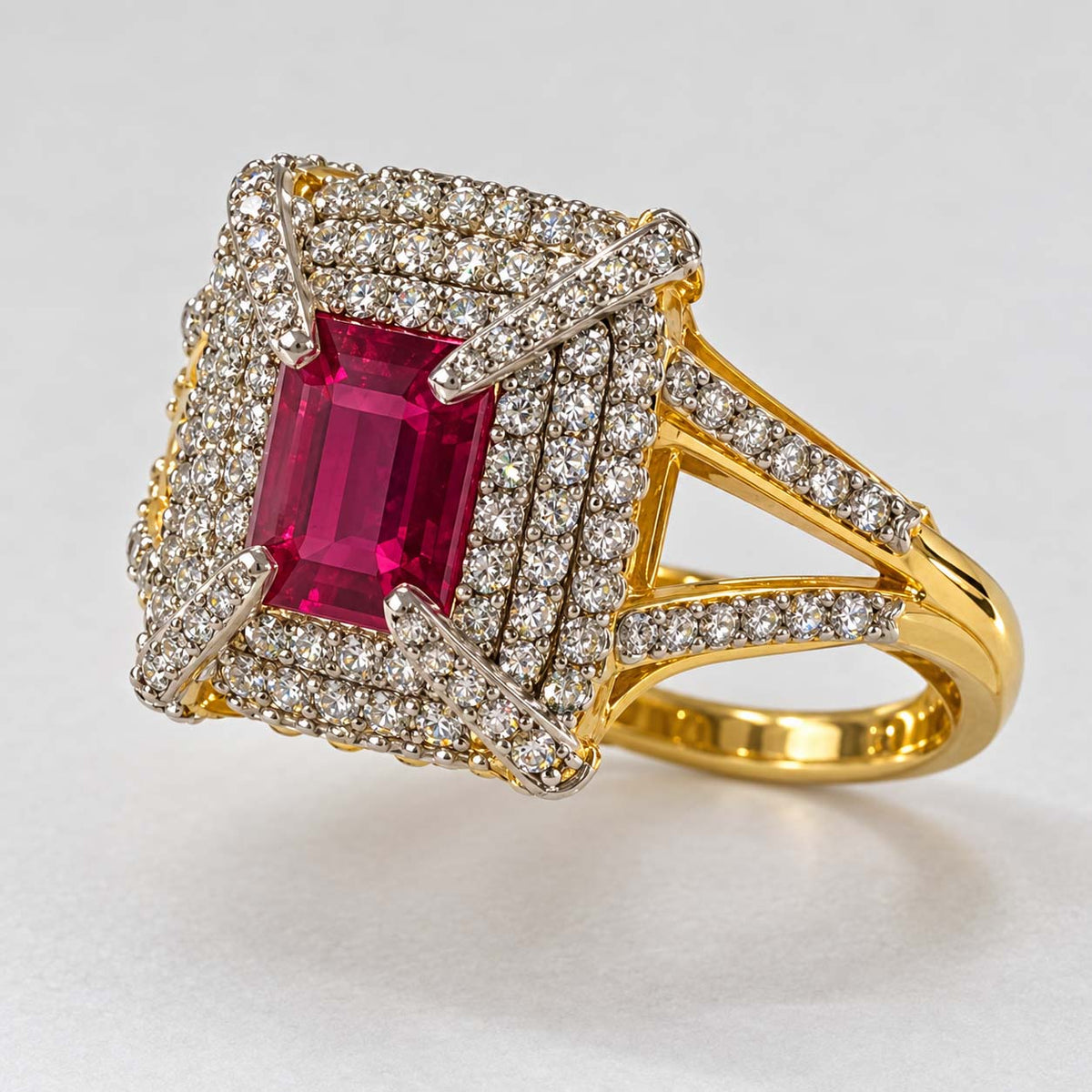 18K Gold Rectangular Ruby and Diamond Halo Statement Ring