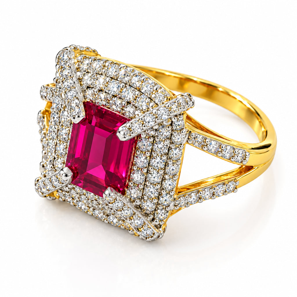 18K Gold Rectangular Ruby and Diamond Halo Statement Ring