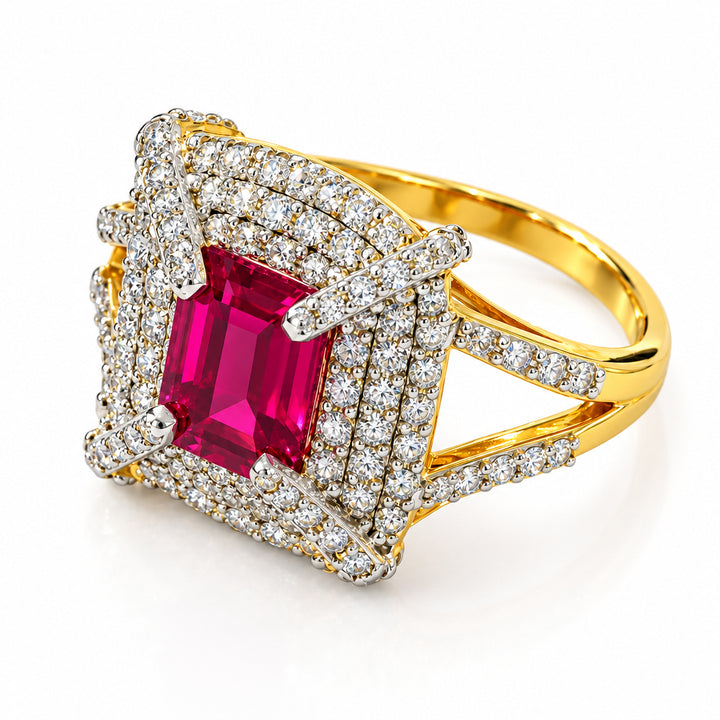 18K Gold Rectangular Ruby and Diamond Halo Statement Ring