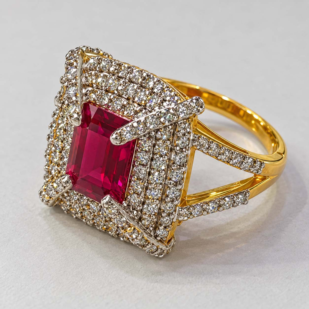 18K Gold Rectangular Ruby and Diamond Halo Statement Ring