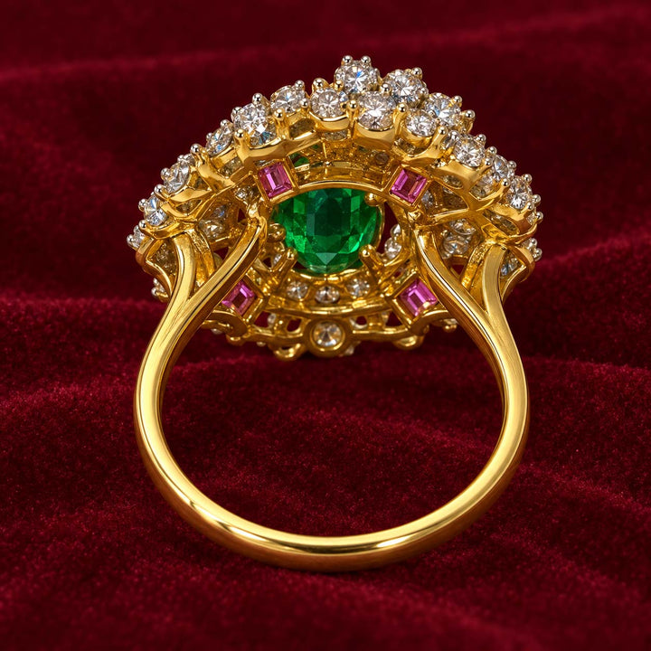 14K Gold Oval Emerald Floral Diamond Halo Ring