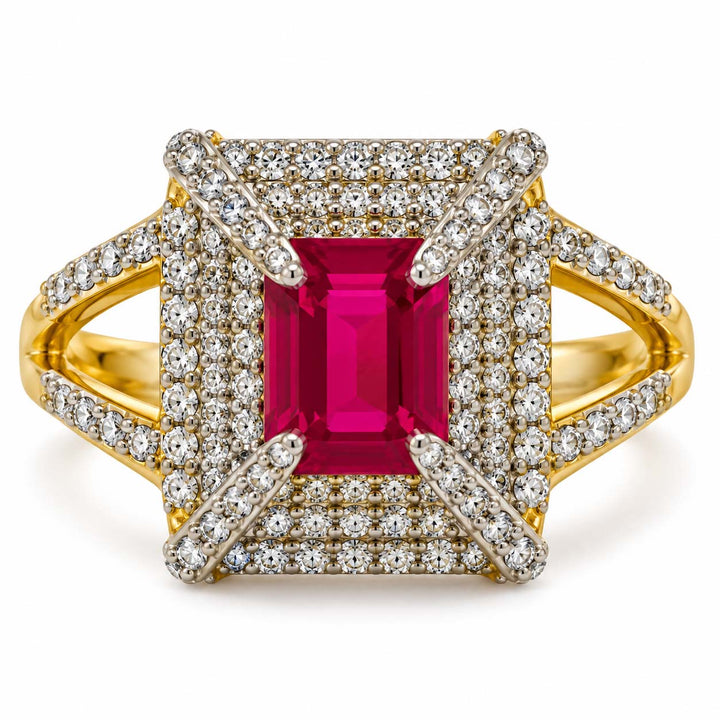 18K Gold Rectangular Ruby and Diamond Halo Statement Ring