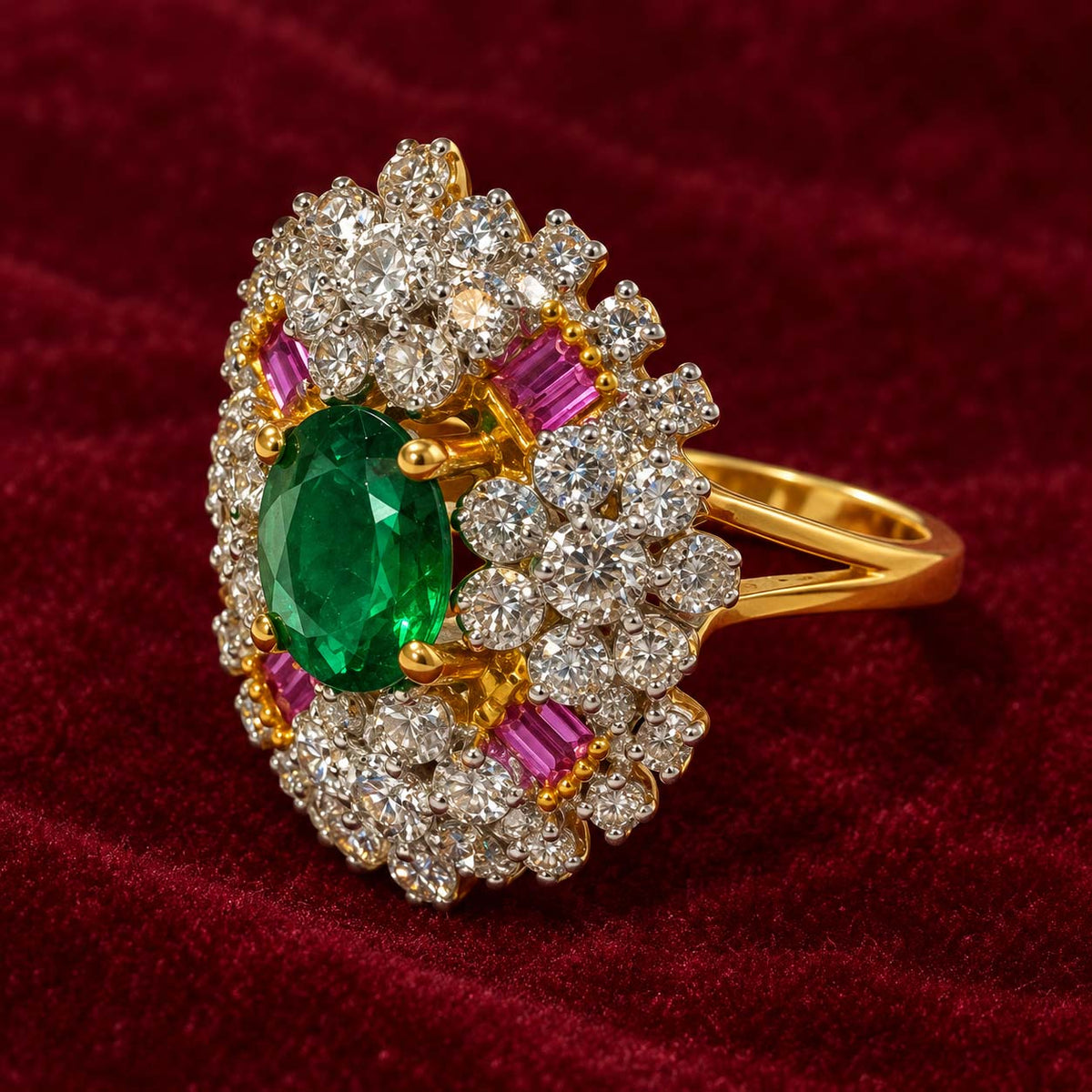 14K Gold Oval Emerald Floral Diamond Halo Ring
