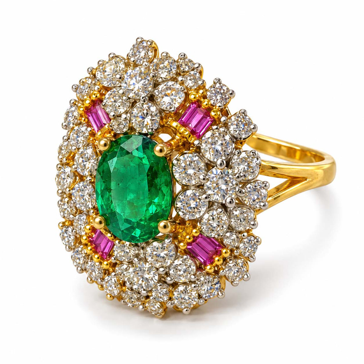 14K Gold Oval Emerald Floral Diamond Halo Ring