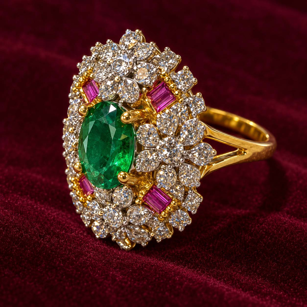 14K Gold Oval Emerald Floral Diamond Halo Ring