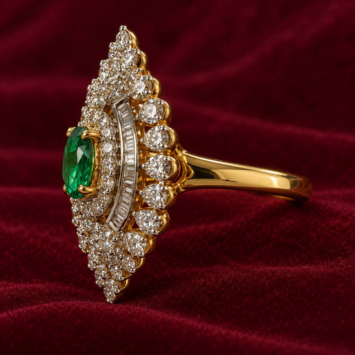14K Gold Oval Emerald and Diamond Halo Cocktail Ring
