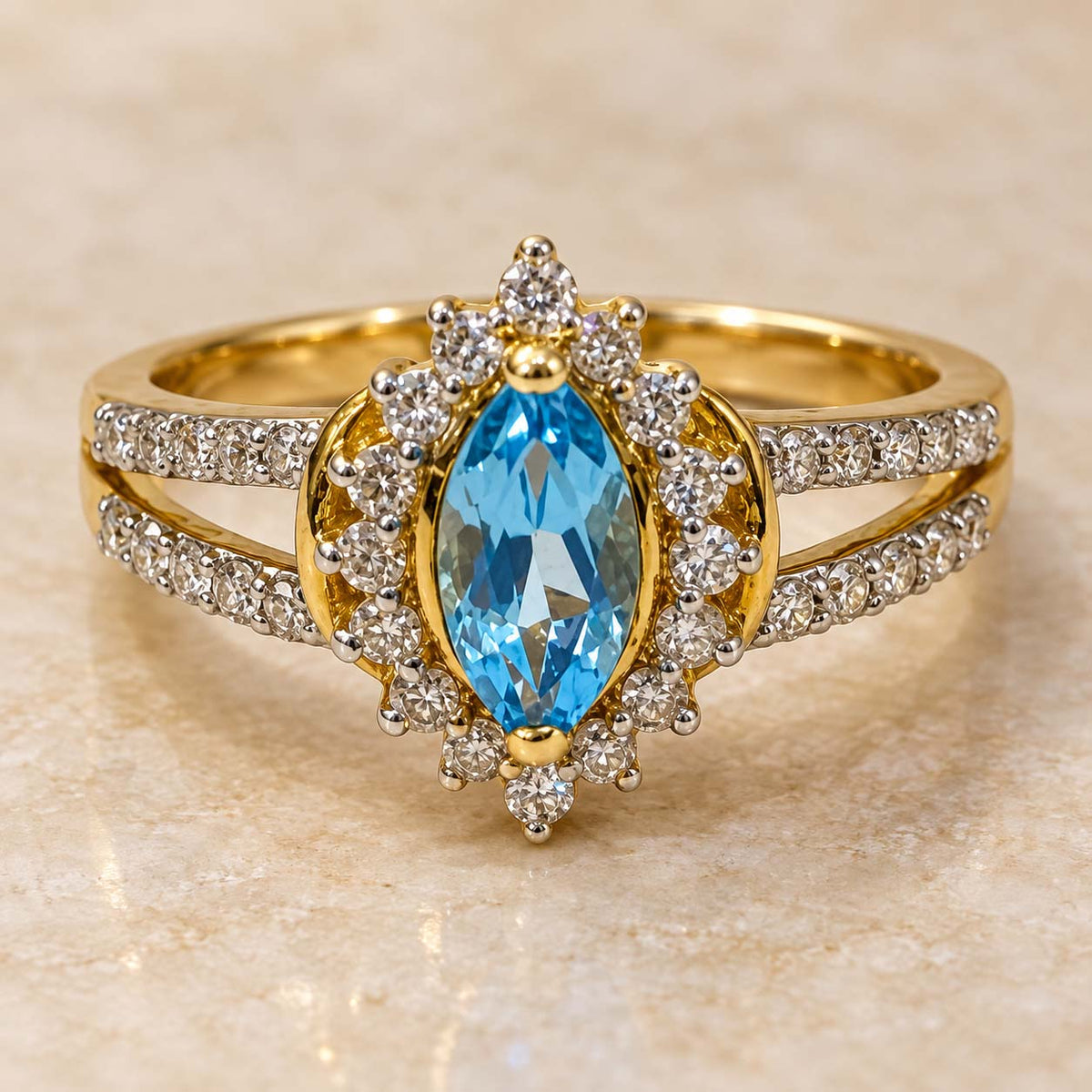 Aurora Blue Oval Halo Diamond Ring