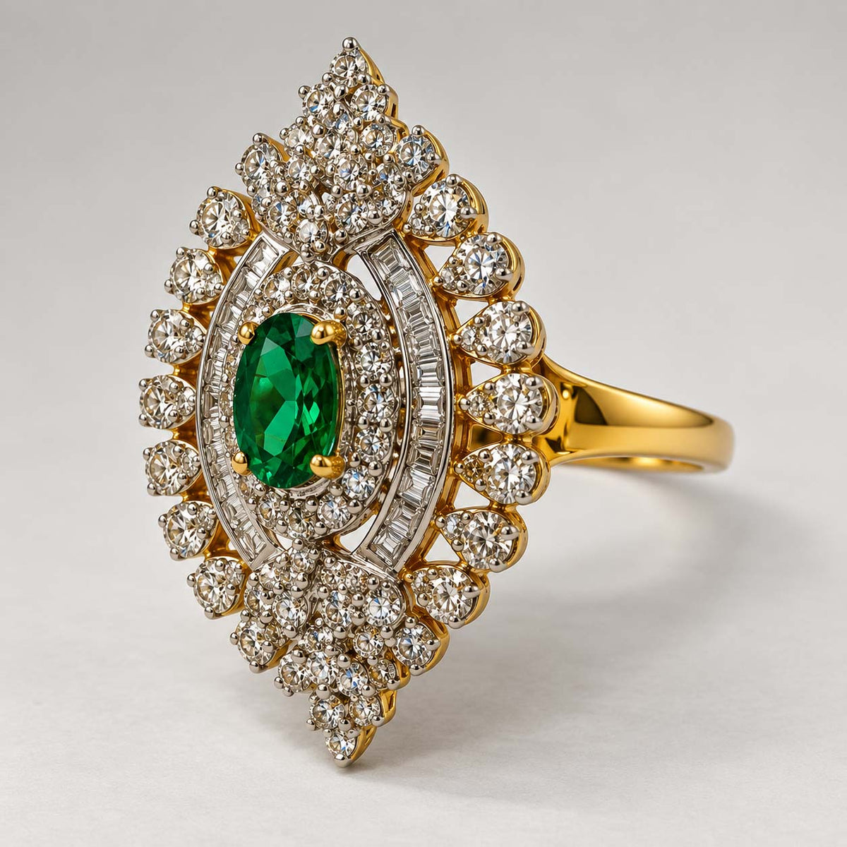14K Gold Oval Emerald and Diamond Halo Cocktail Ring