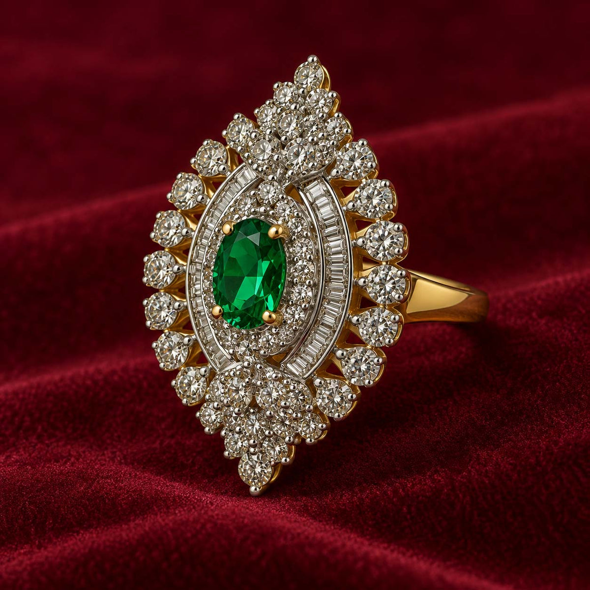 14K Gold Oval Emerald and Diamond Halo Cocktail Ring
