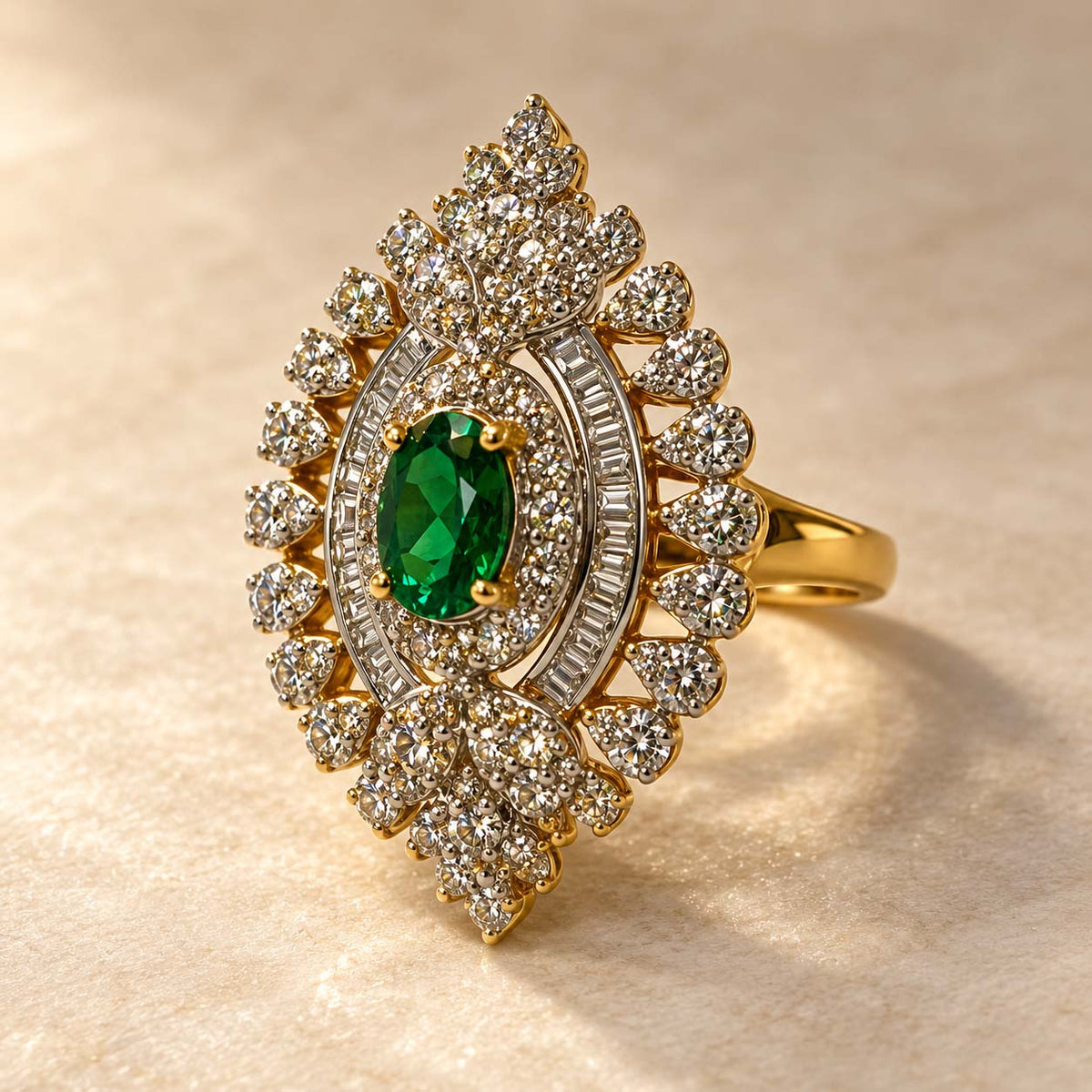 14K Gold Oval Emerald and Diamond Halo Cocktail Ring