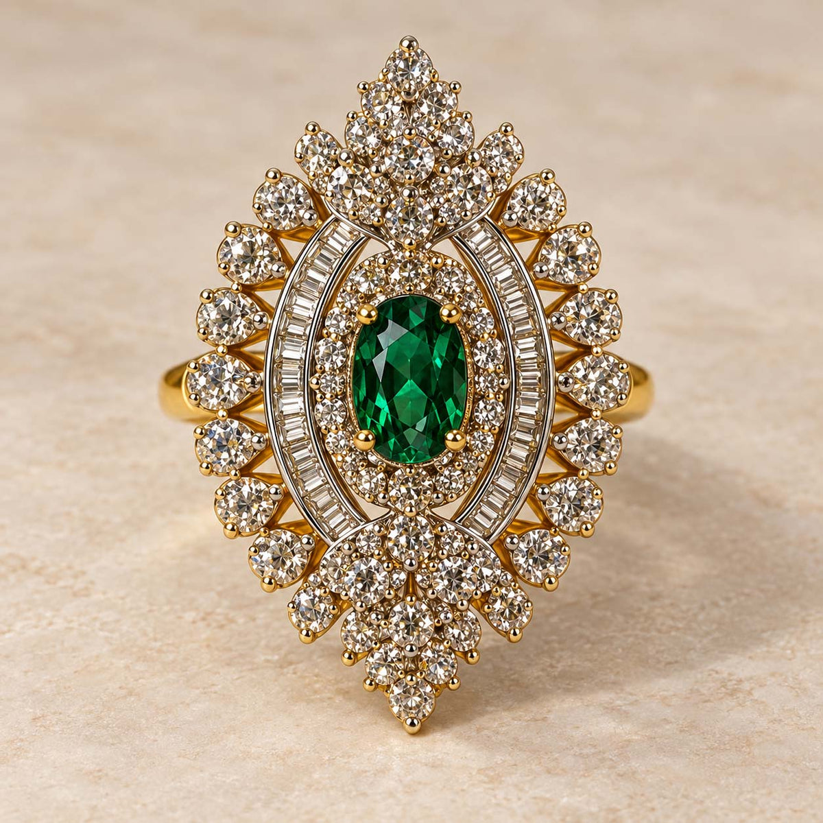 14K Gold Oval Emerald and Diamond Halo Cocktail Ring