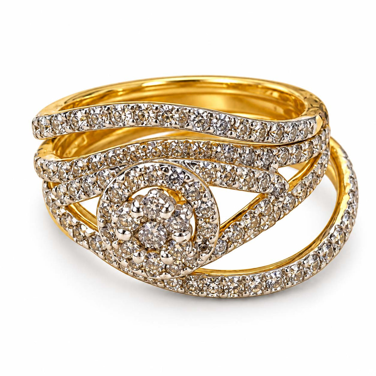 18K Gold Multi-Row Diamond Halo Ring