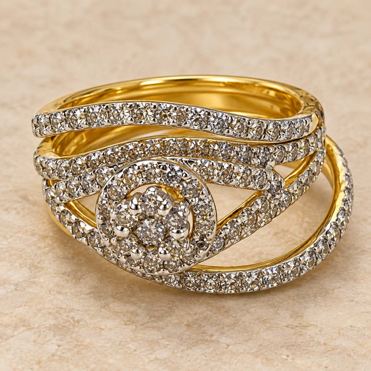 18K Gold Multi-Row Diamond Halo Ring