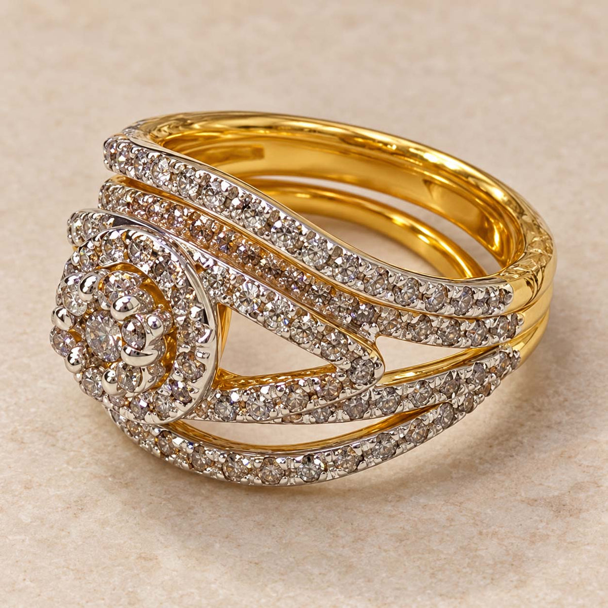 18K Gold Multi-Row Diamond Halo Ring