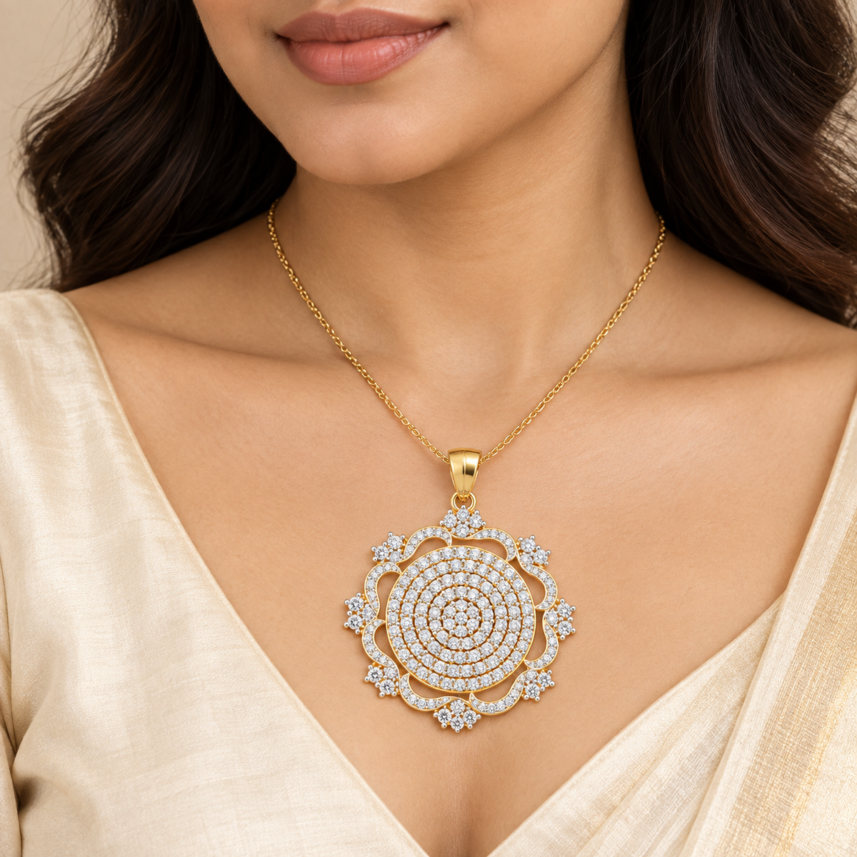 Yellow Gold Diamond Circular Floral Pendant for Women | Savya Jewels
