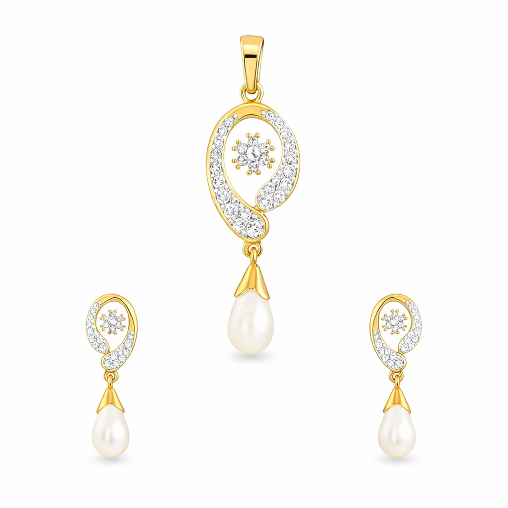 Eternal Paisley Diamond Pearl Pendant Set | Savya Jewels | 18-kt-gold | pearl