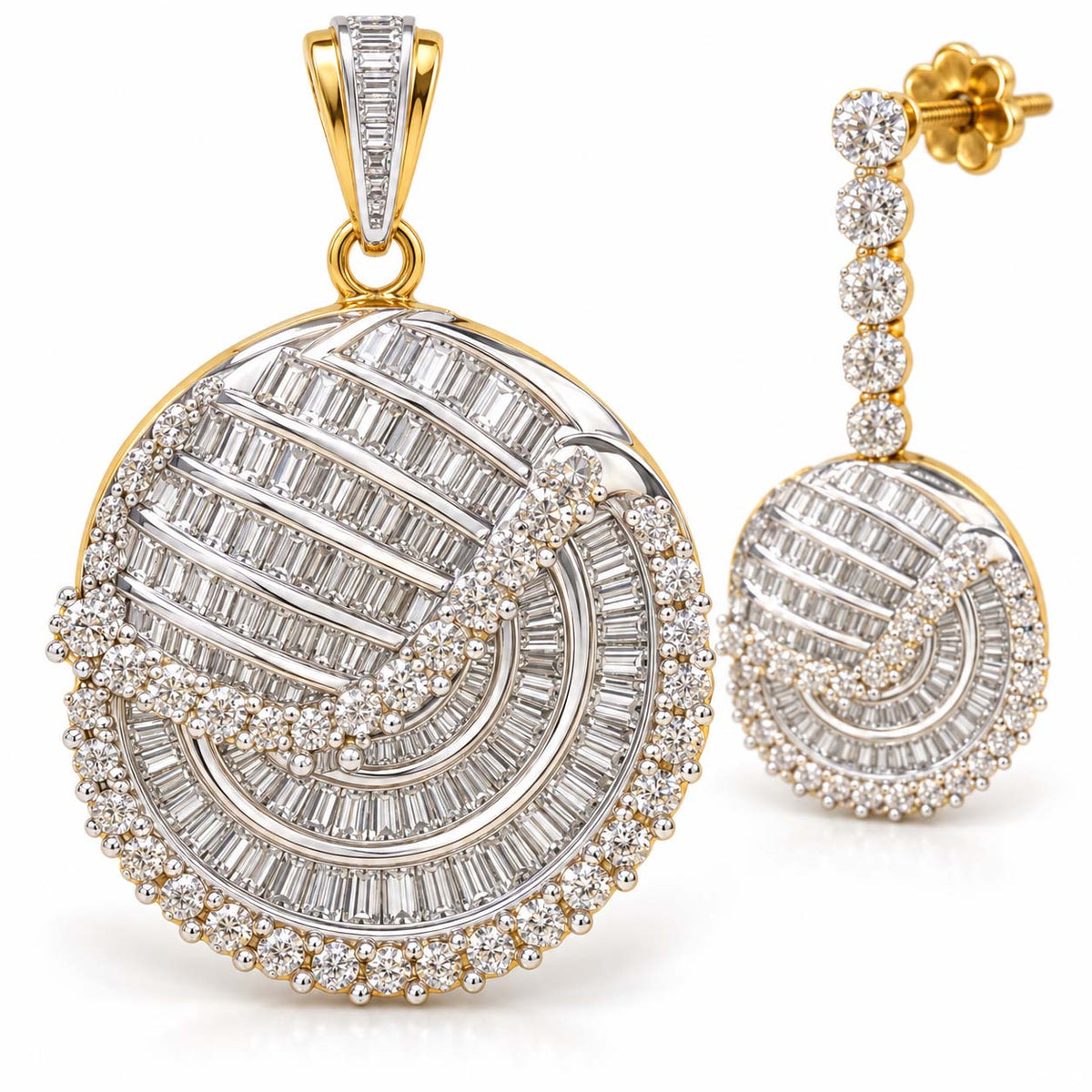 Celestial Swirl Baguette Diamond Pendant Set