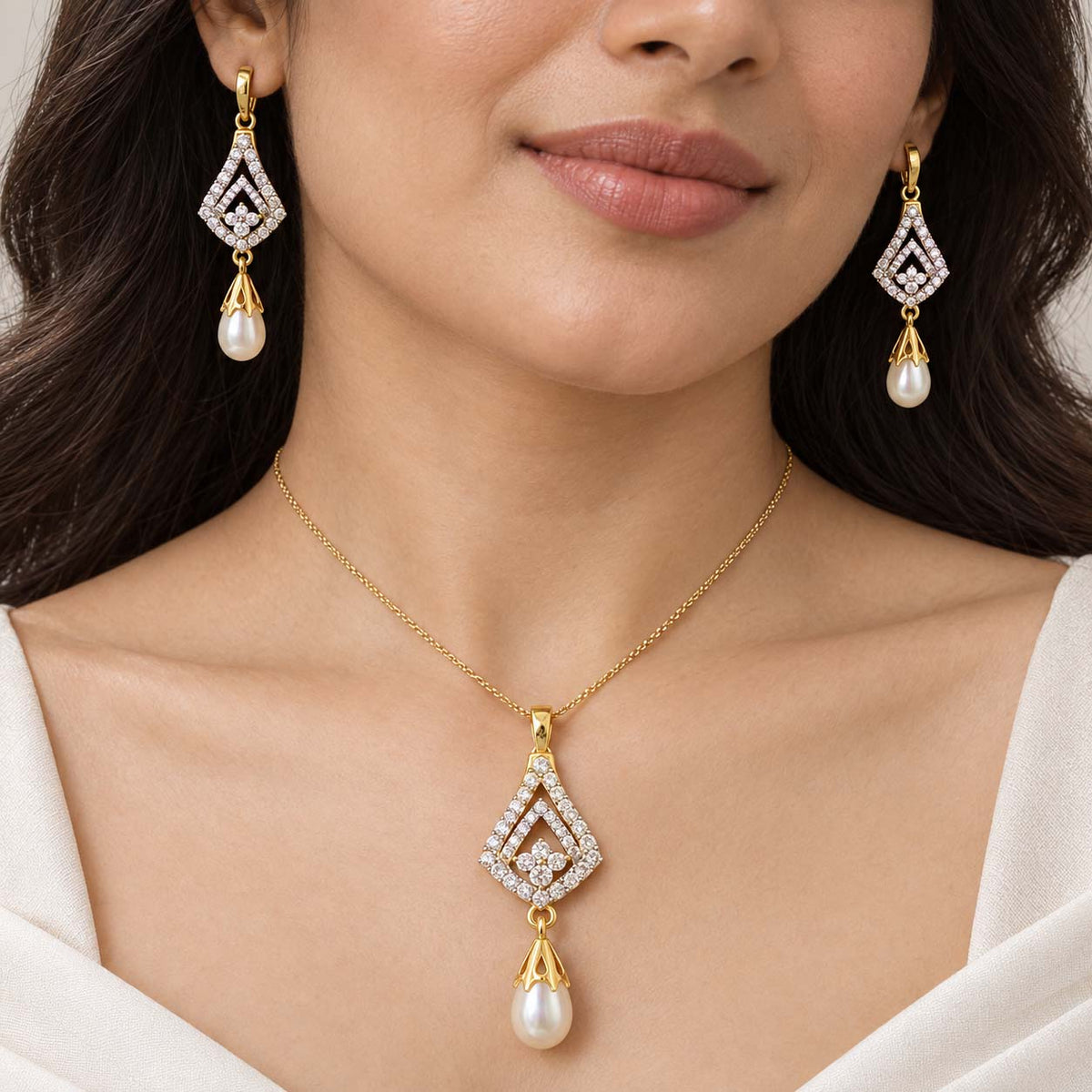 Diamond & Pearl Drop Pendant Set