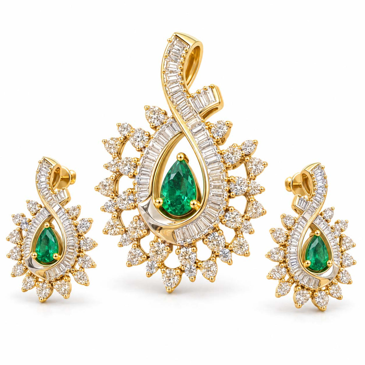 Queen’s Tear Emerald Diamond Pendant Set