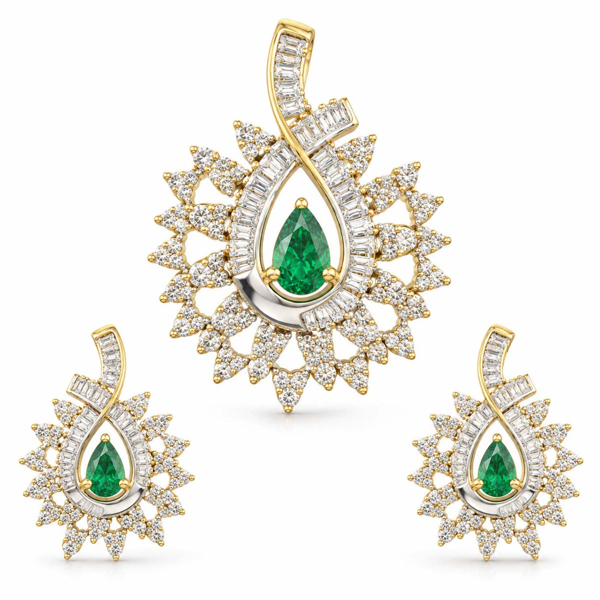 Queen’s Tear Emerald Diamond Pendant Set