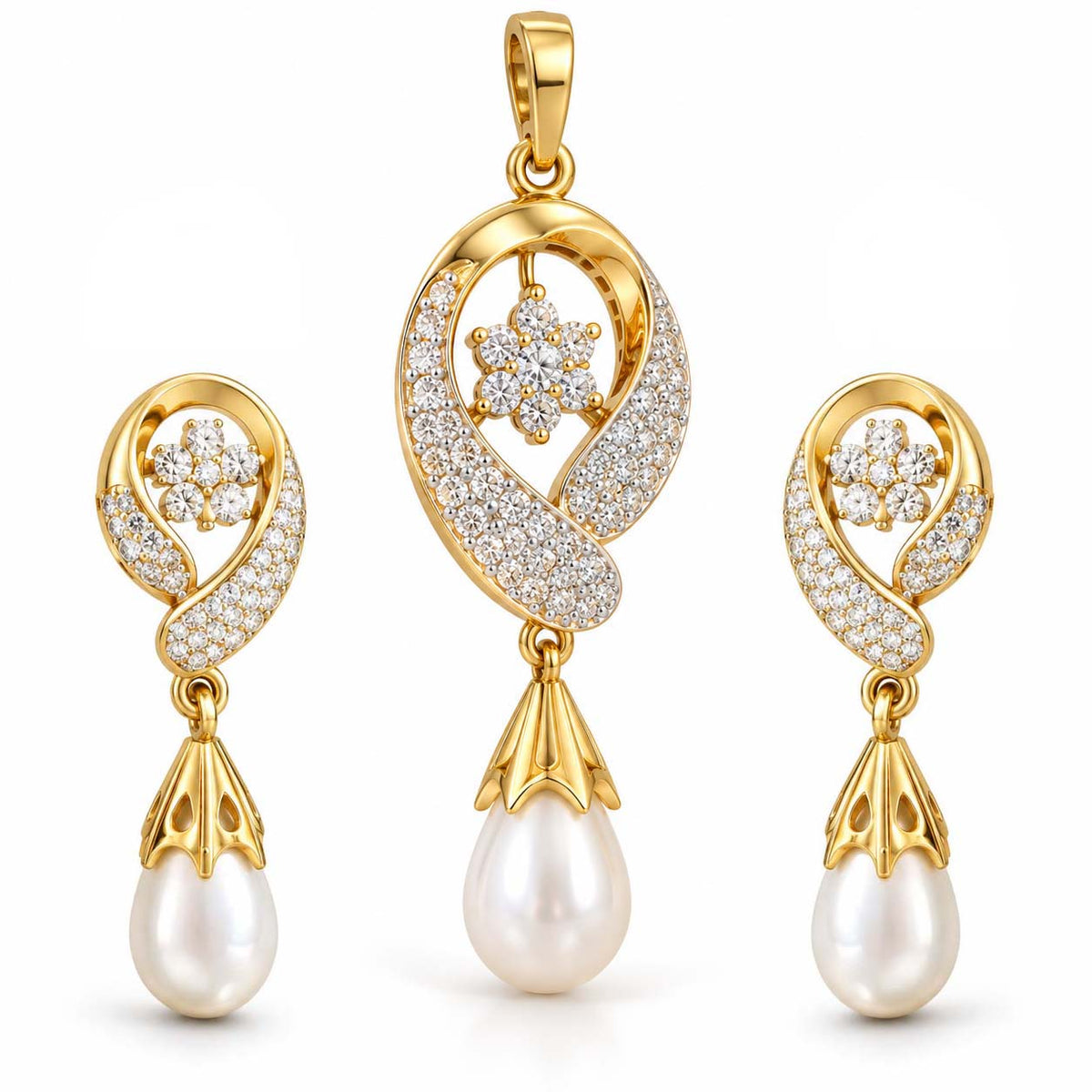 Eternal Paisley Diamond Pearl Pendant Set