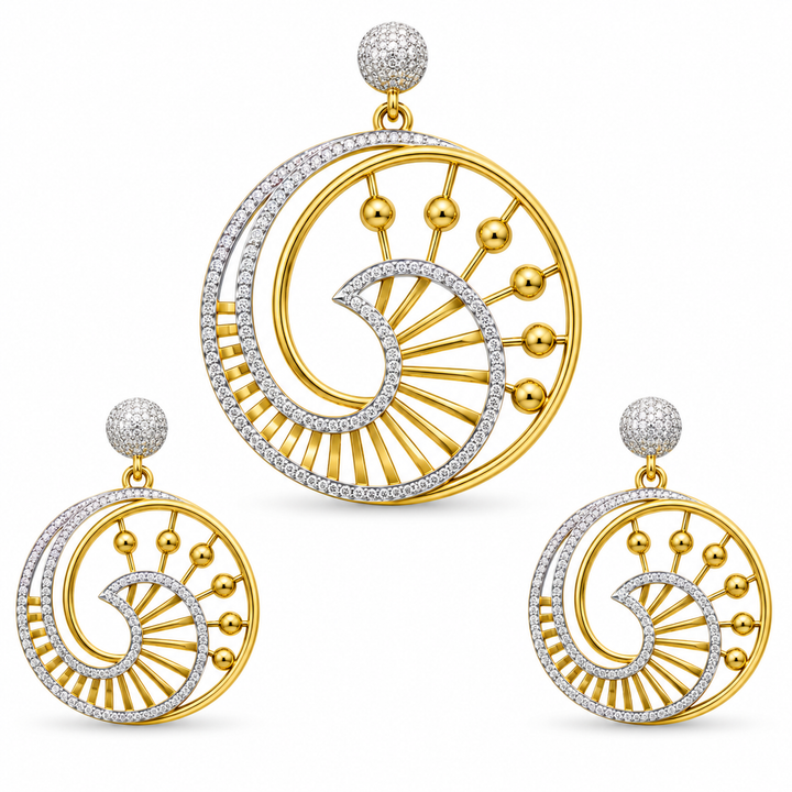 Yellow Gold and Rhodium Diamond Swirl Pendant Set with Earrings | Savya Jewels