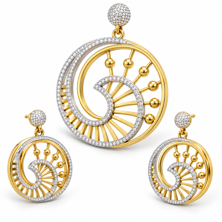 Yellow Gold and Rhodium Diamond Swirl Pendant Set with Earrings | Savya Jewels