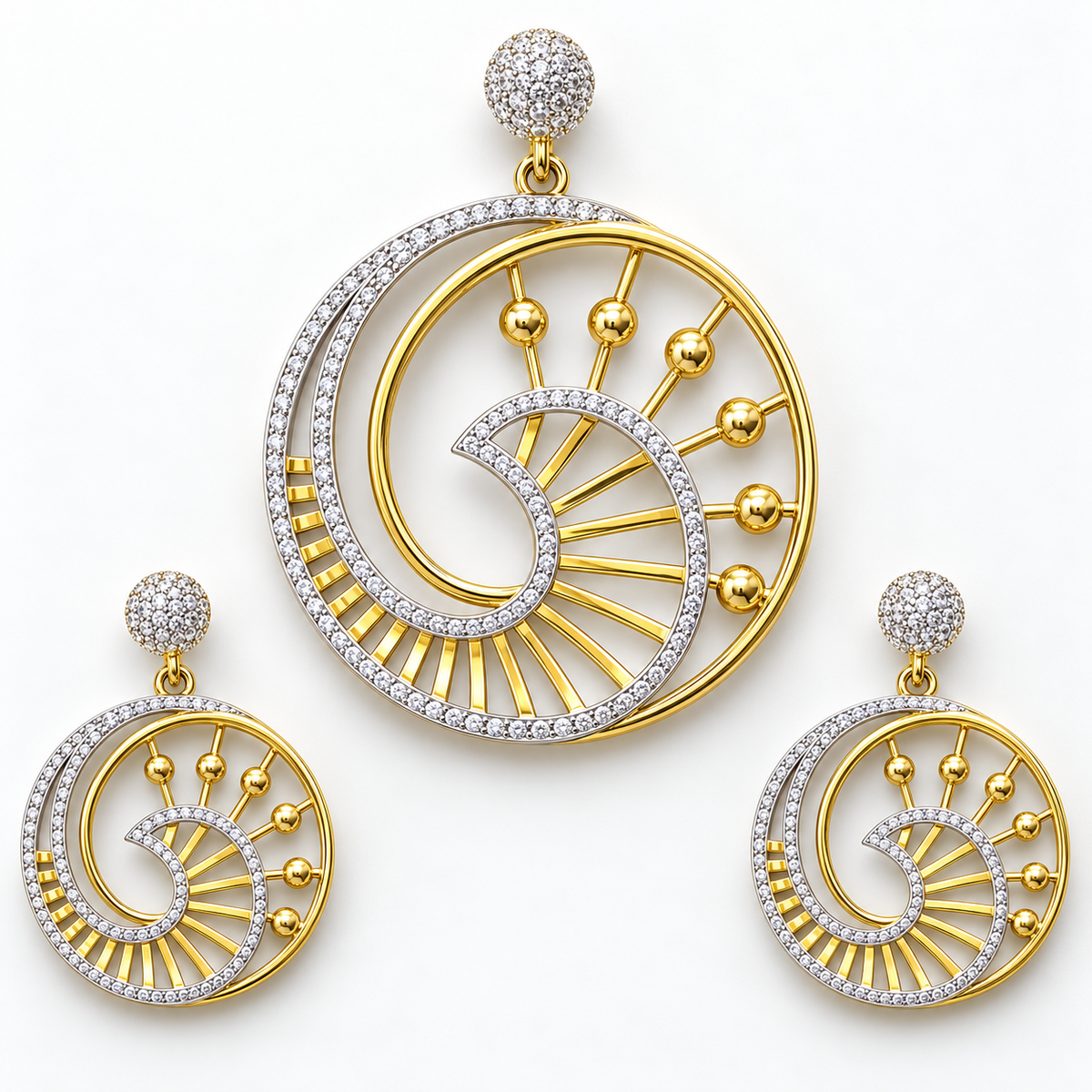 Yellow Gold and Rhodium Diamond Swirl Pendant Set with Earrings | Savya Jewels