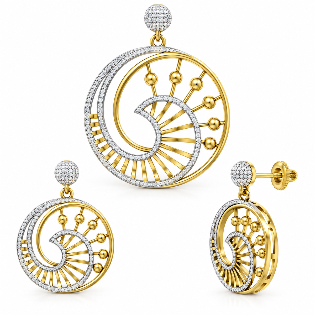 Yellow Gold and Rhodium Diamond Swirl Pendant Set with Earrings | Savya Jewels