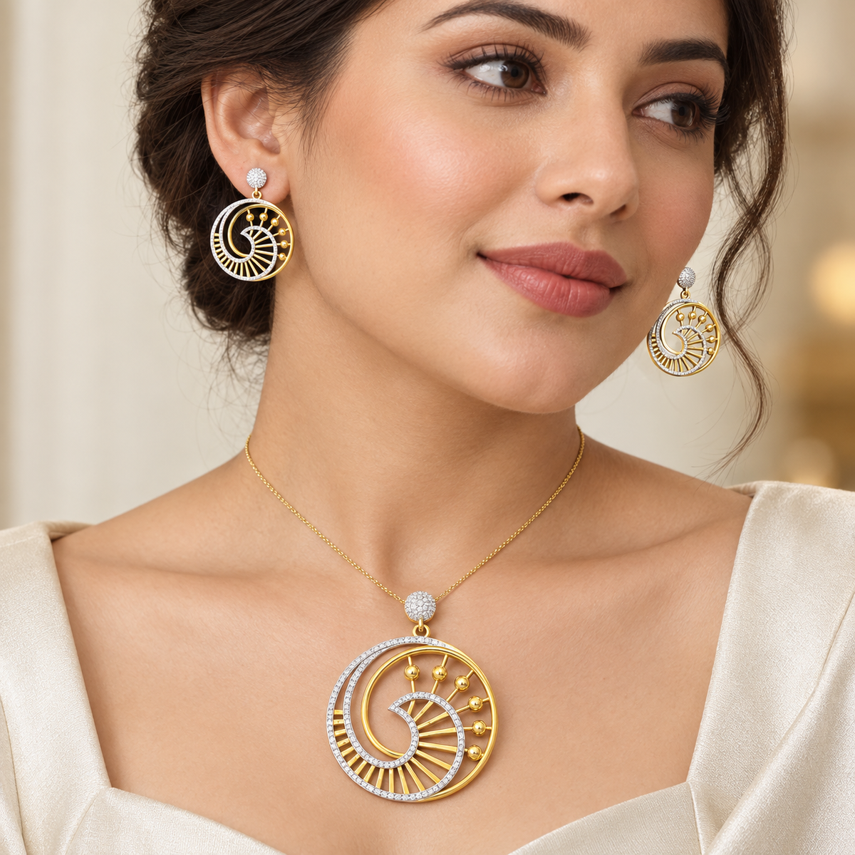 Yellow Gold and Rhodium Diamond Swirl Pendant Set with Earrings | Savya Jewels