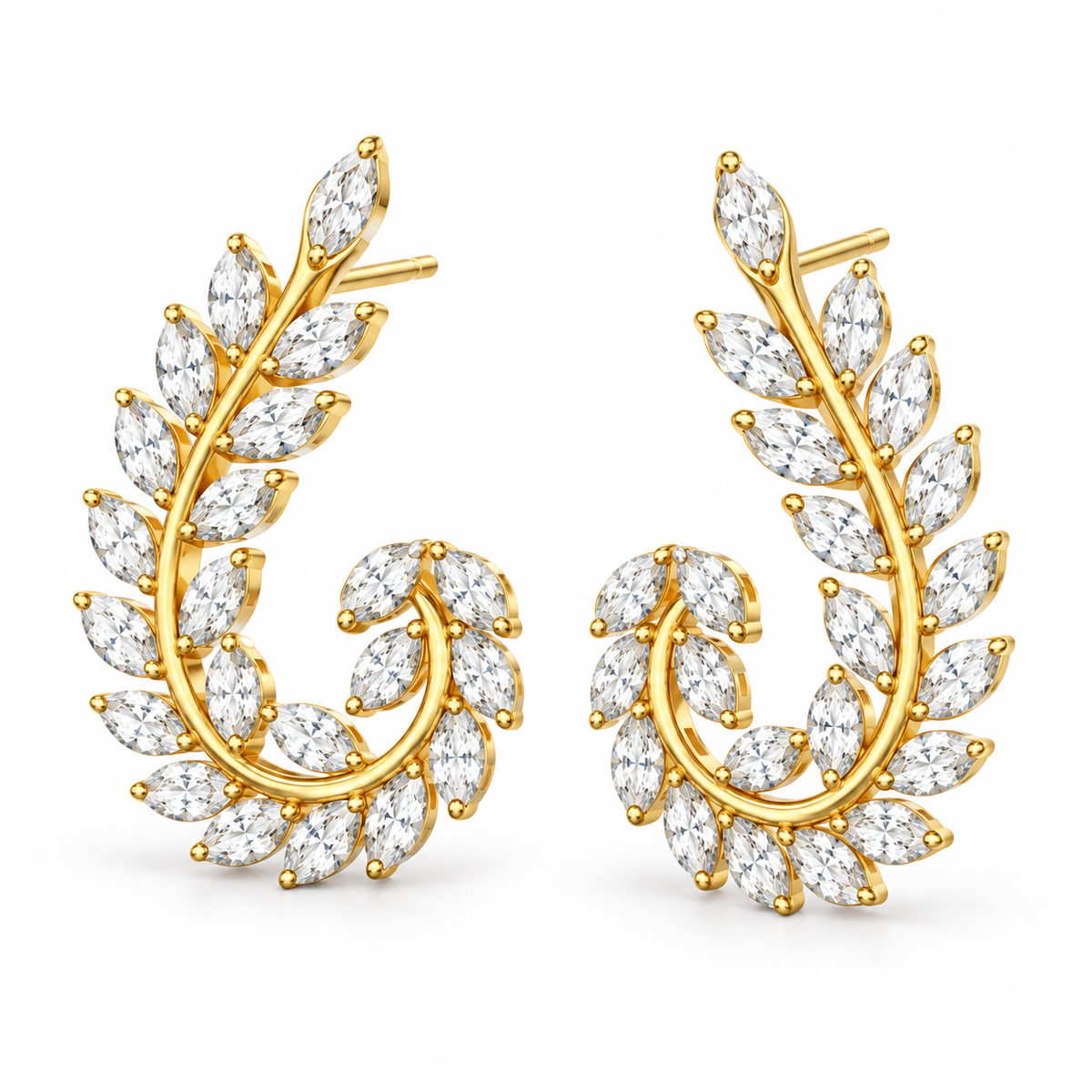 Diamond Leaf Swirl Stud Earrings in Yellow Gold | Savya Jewels