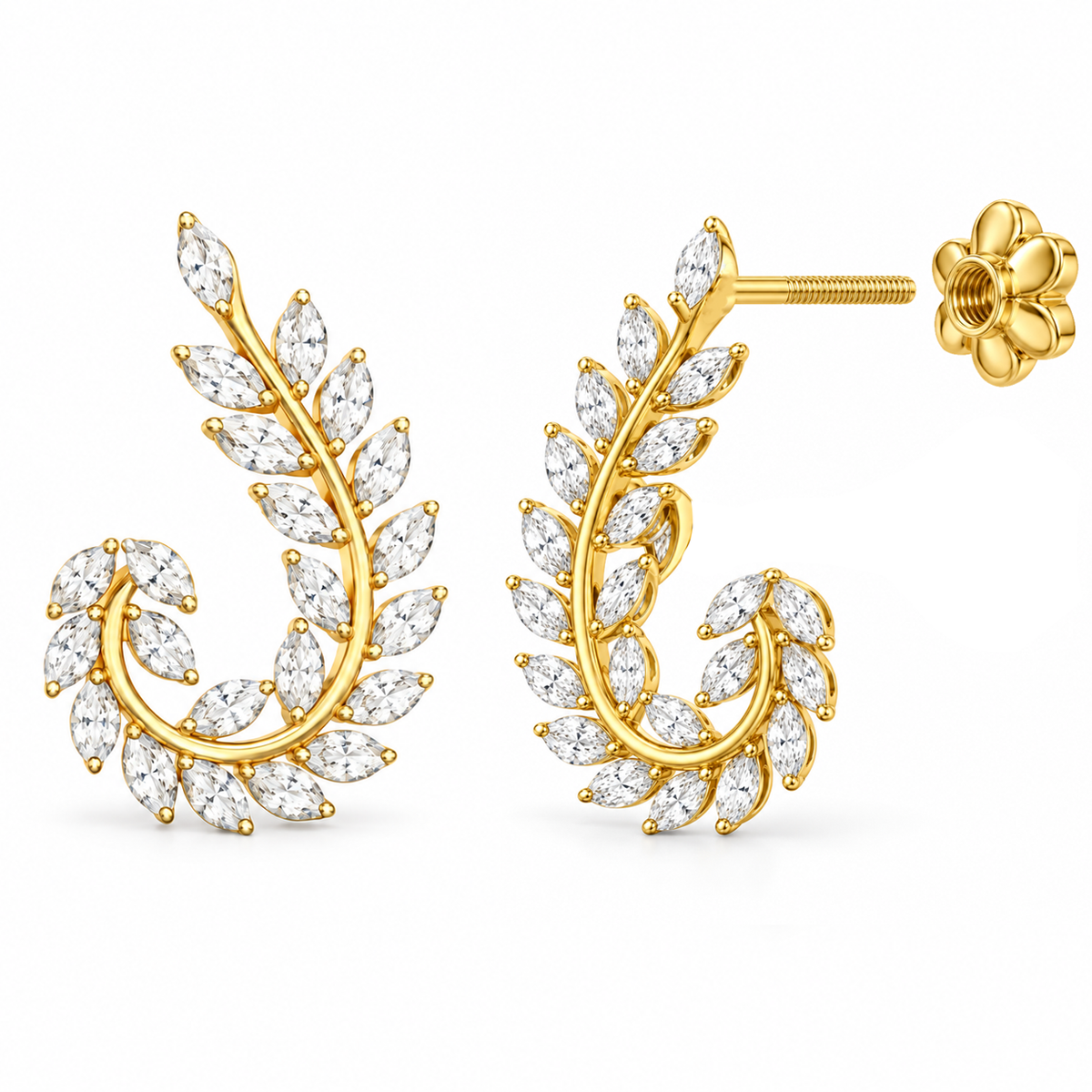 Diamond Leaf Swirl Stud Earrings in Yellow Gold | Savya Jewels